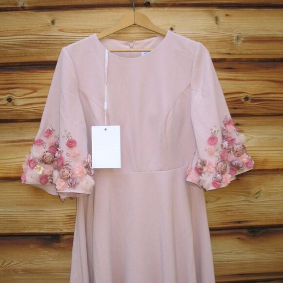 MAC DUGGAL 11854 Pink Crepe 3/4 Sleeve A-line Gown With Flower Trim - Picture 7 of 13